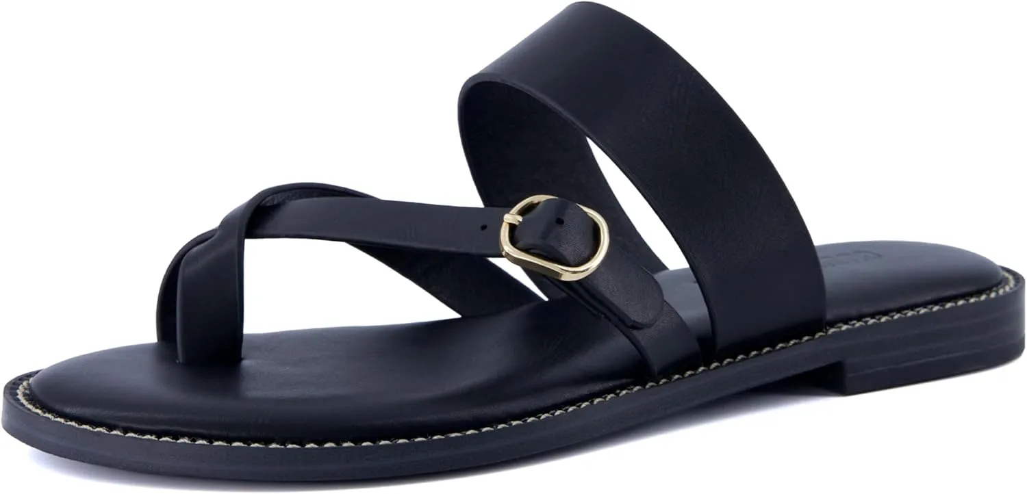 CUSHIONAIRE Laws Womens Flat Sandal  Faux Leather Slip-On with Toe Loop, Adjustable Buckle & Cushioned Footbed