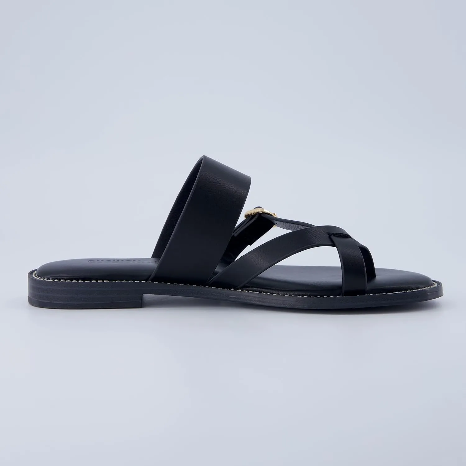 CUSHIONAIRE Laws Womens Flat Sandal  Faux Leather Slip-On with Toe Loop, Adjustable Buckle & Cushioned Footbed