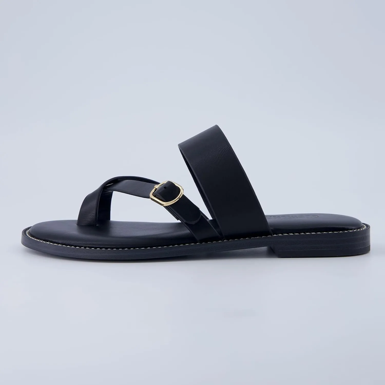 CUSHIONAIRE Laws Womens Flat Sandal  Faux Leather Slip-On with Toe Loop, Adjustable Buckle & Cushioned Footbed