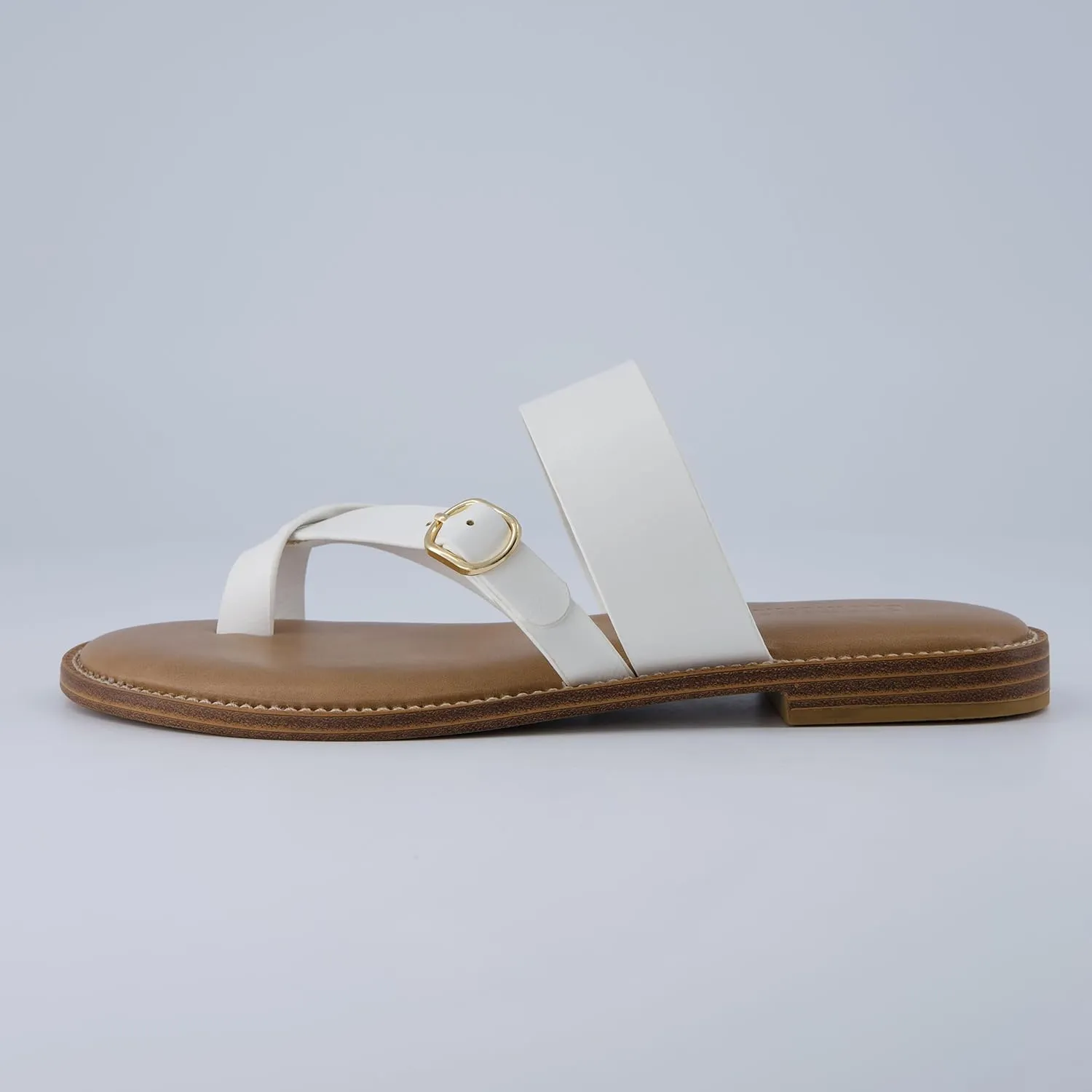 CUSHIONAIRE Laws Womens Flat Sandal  Faux Leather Slip-On with Toe Loop, Adjustable Buckle & Cushioned Footbed