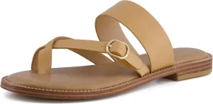 CUSHIONAIRE Laws Womens Flat Sandal  Faux Leather Slip-On with Toe Loop, Adjustable Buckle & Cushioned Footbed