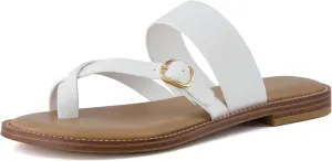 CUSHIONAIRE Laws Womens Flat Sandal  Faux Leather Slip-On with Toe Loop, Adjustable Buckle & Cushioned Footbed