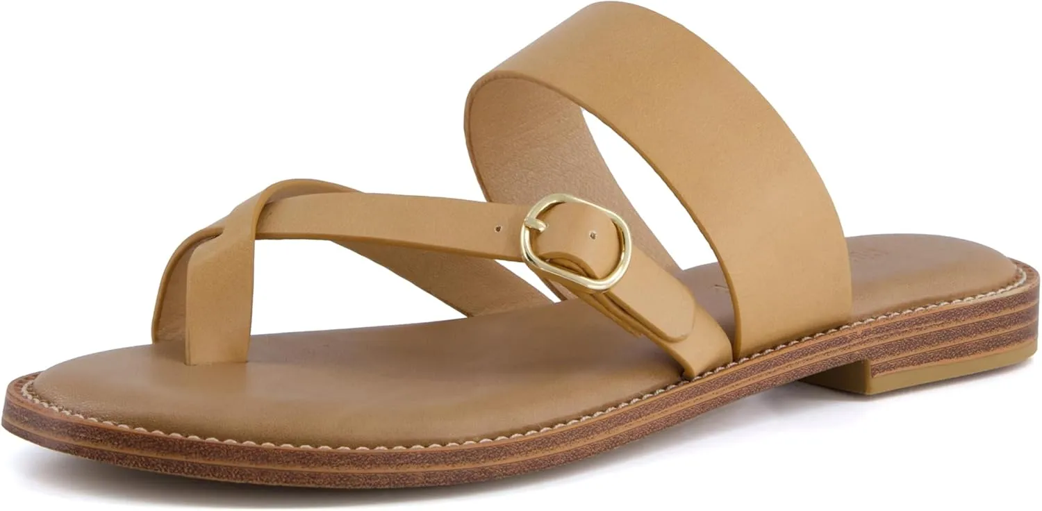 CUSHIONAIRE Laws Womens Flat Sandal  Faux Leather Slip-On with Toe Loop, Adjustable Buckle & Cushioned Footbed