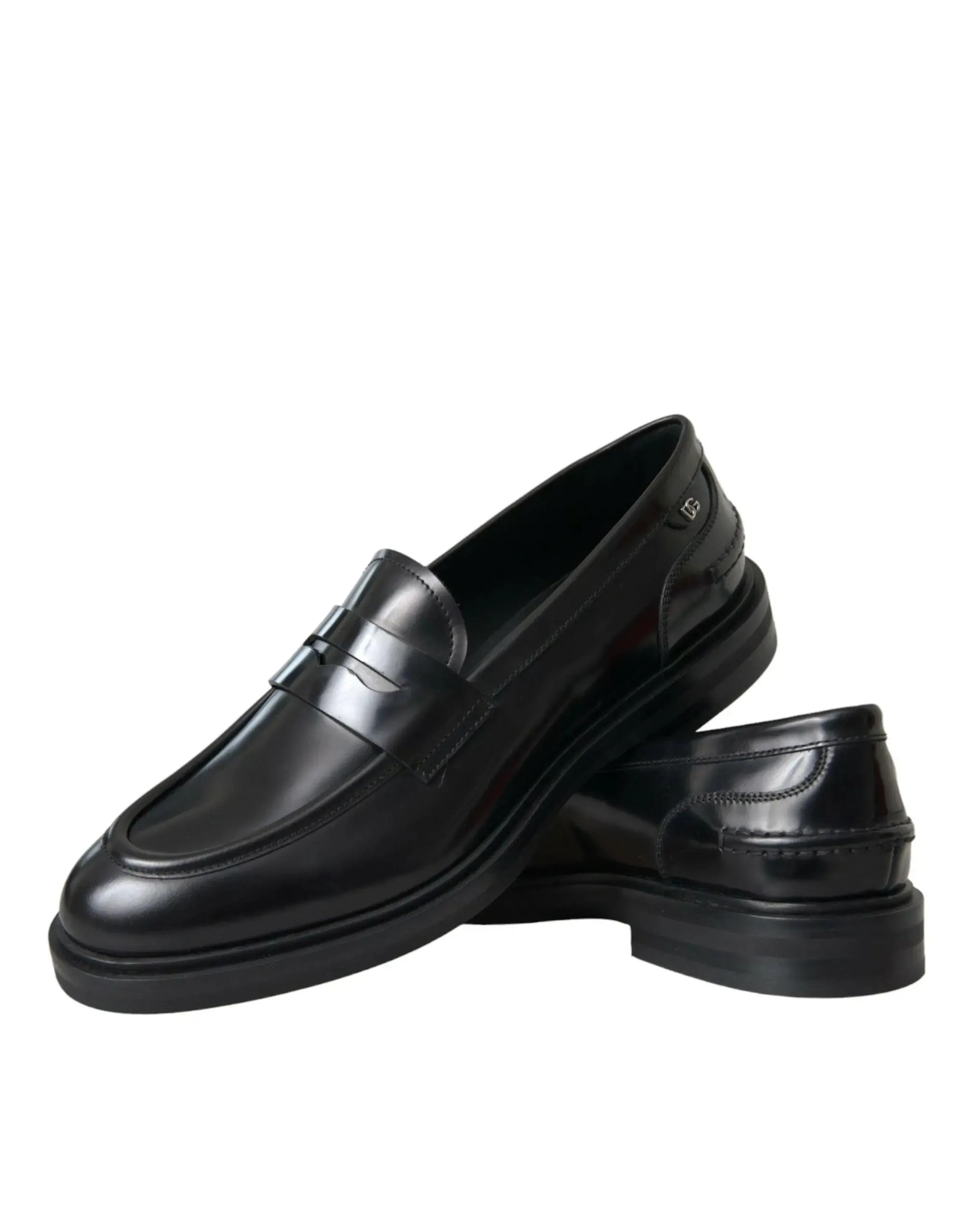 Dolce & Gabbana Black Leather Flat Slip On Shoes