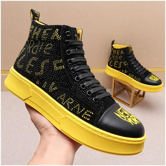 Fashion Men's Rhinestone Text Lace Up Sneakers