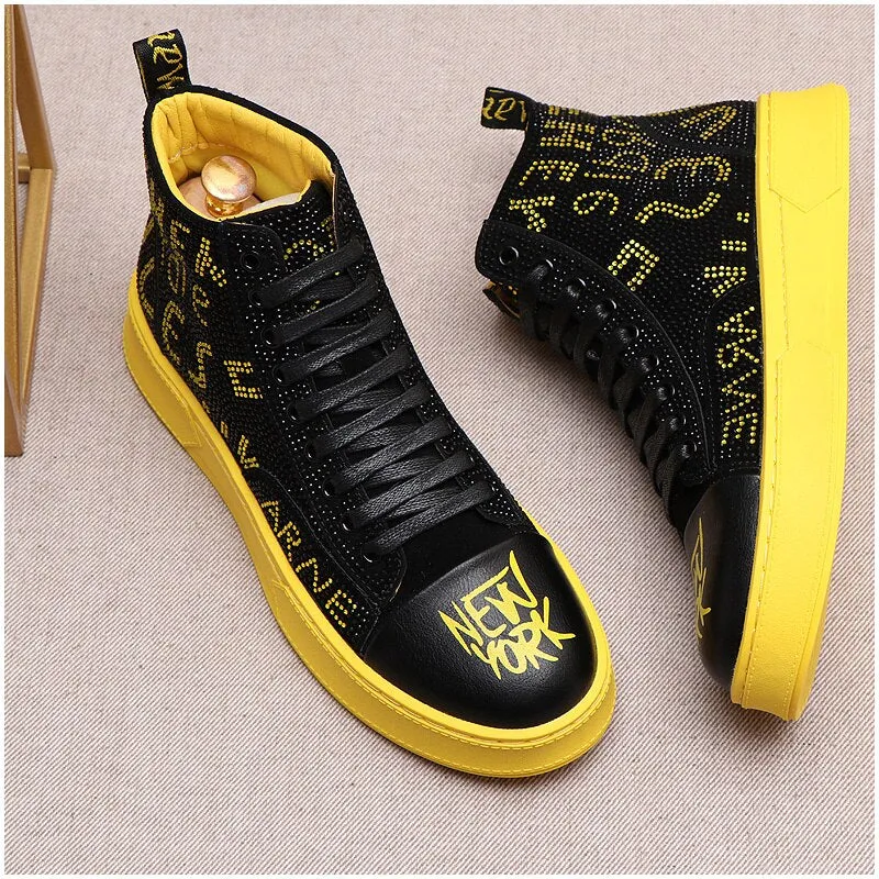 Fashion Men's Rhinestone Text Lace Up Sneakers