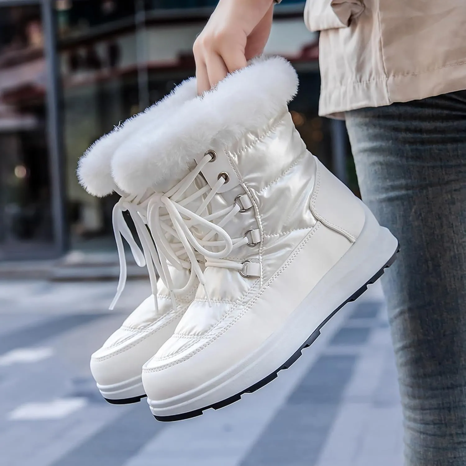 Fashion Women Winter Water Proof Flat Lace Up Keep Warm Snow Boots Comfortable Mid Boots Shoes Flat Snow Boots for Women Knee