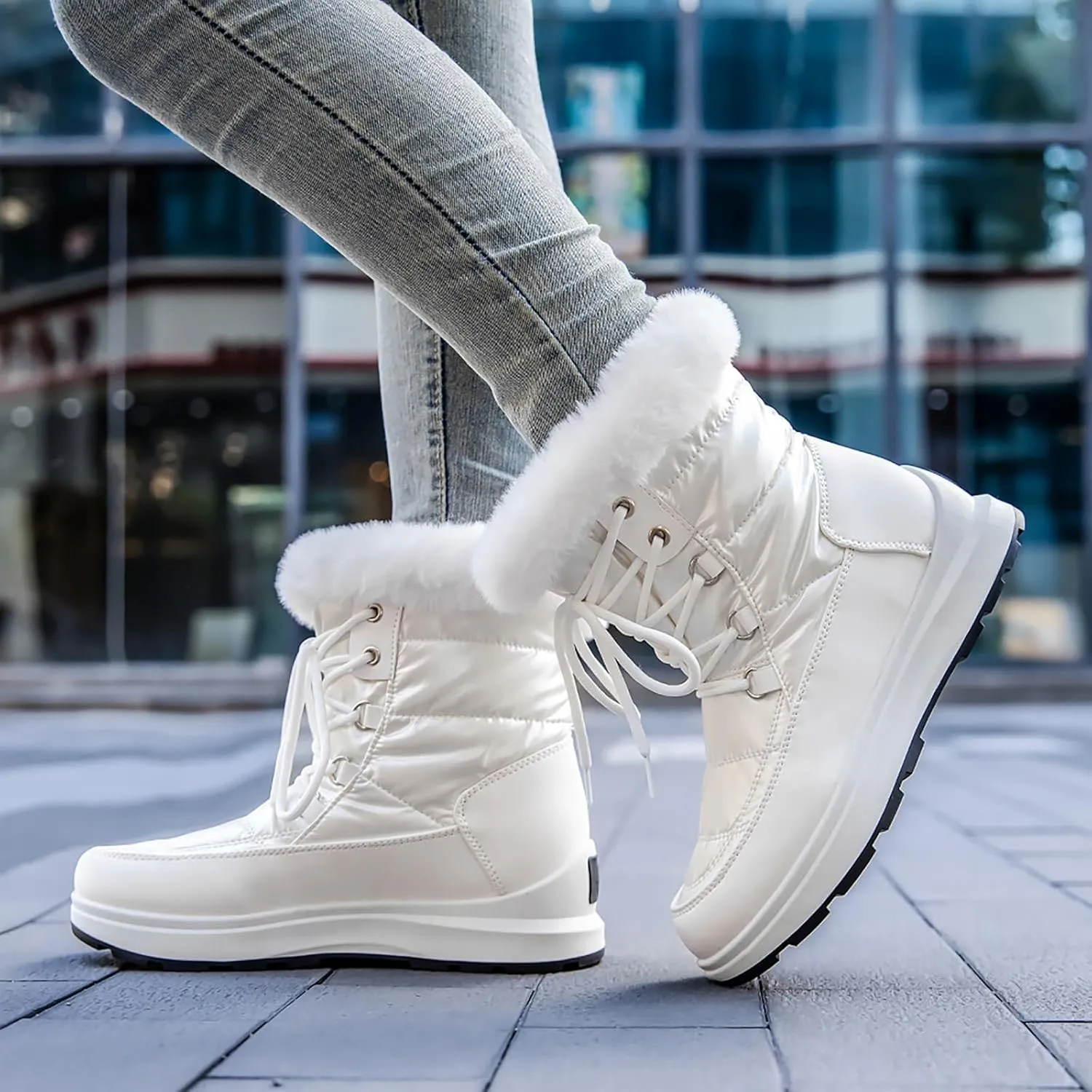 Fashion Women Winter Water Proof Flat Lace Up Keep Warm Snow Boots Comfortable Mid Boots Shoes Flat Snow Boots for Women Knee