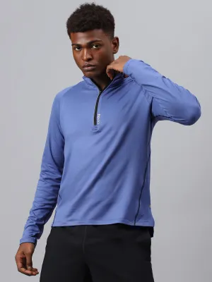 Fitkin men's blue brushed high neck front zipper full sleeves t-shirt