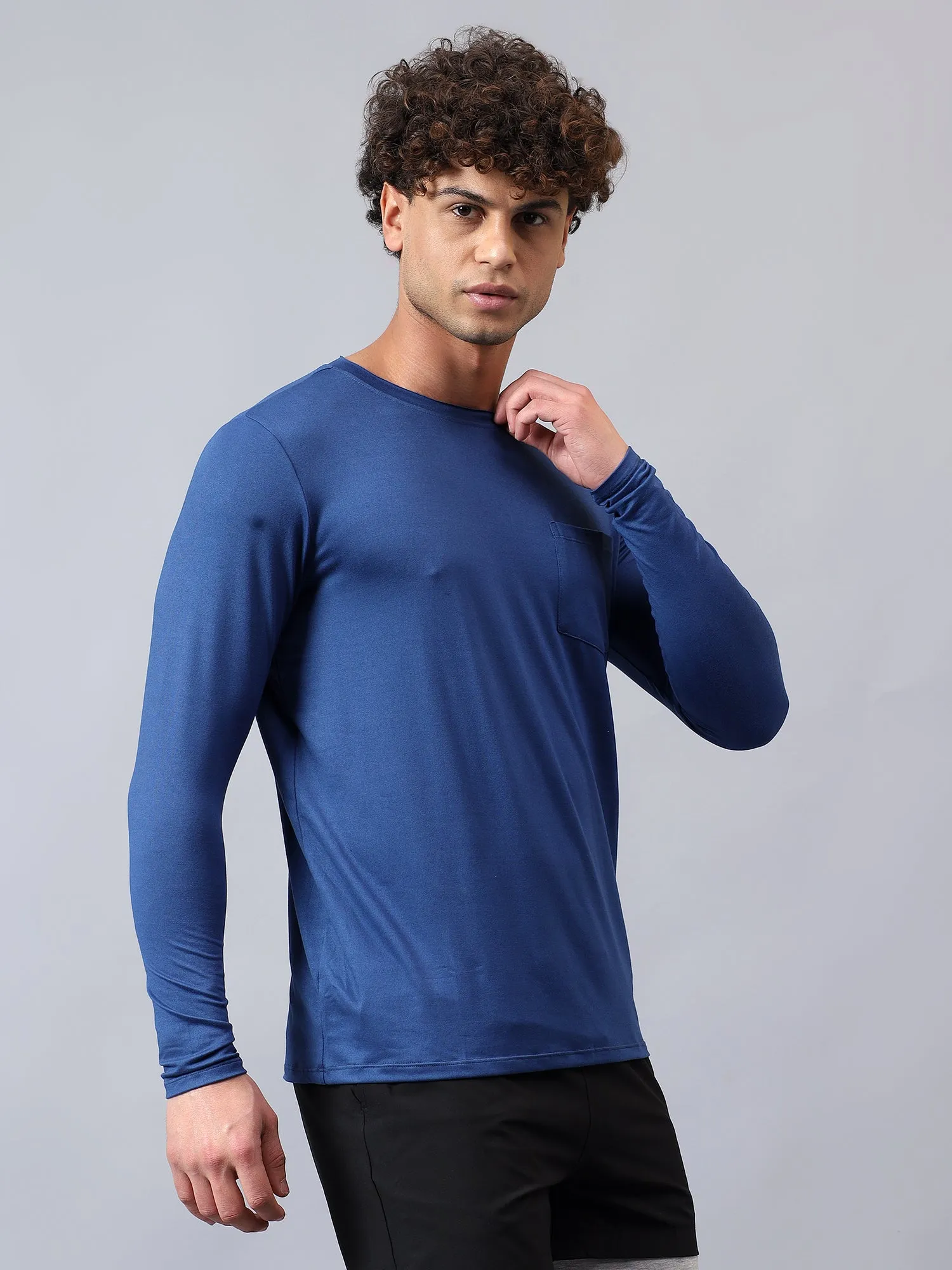 Fitkin men's blue raw edge neck style long sleeevs t-shirt