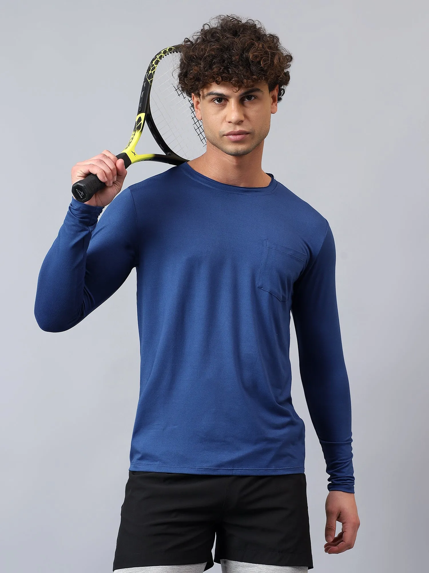 Fitkin men's blue raw edge neck style long sleeevs t-shirt
