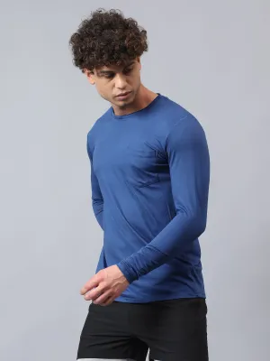 Fitkin men's blue raw edge neck style long sleeevs t-shirt