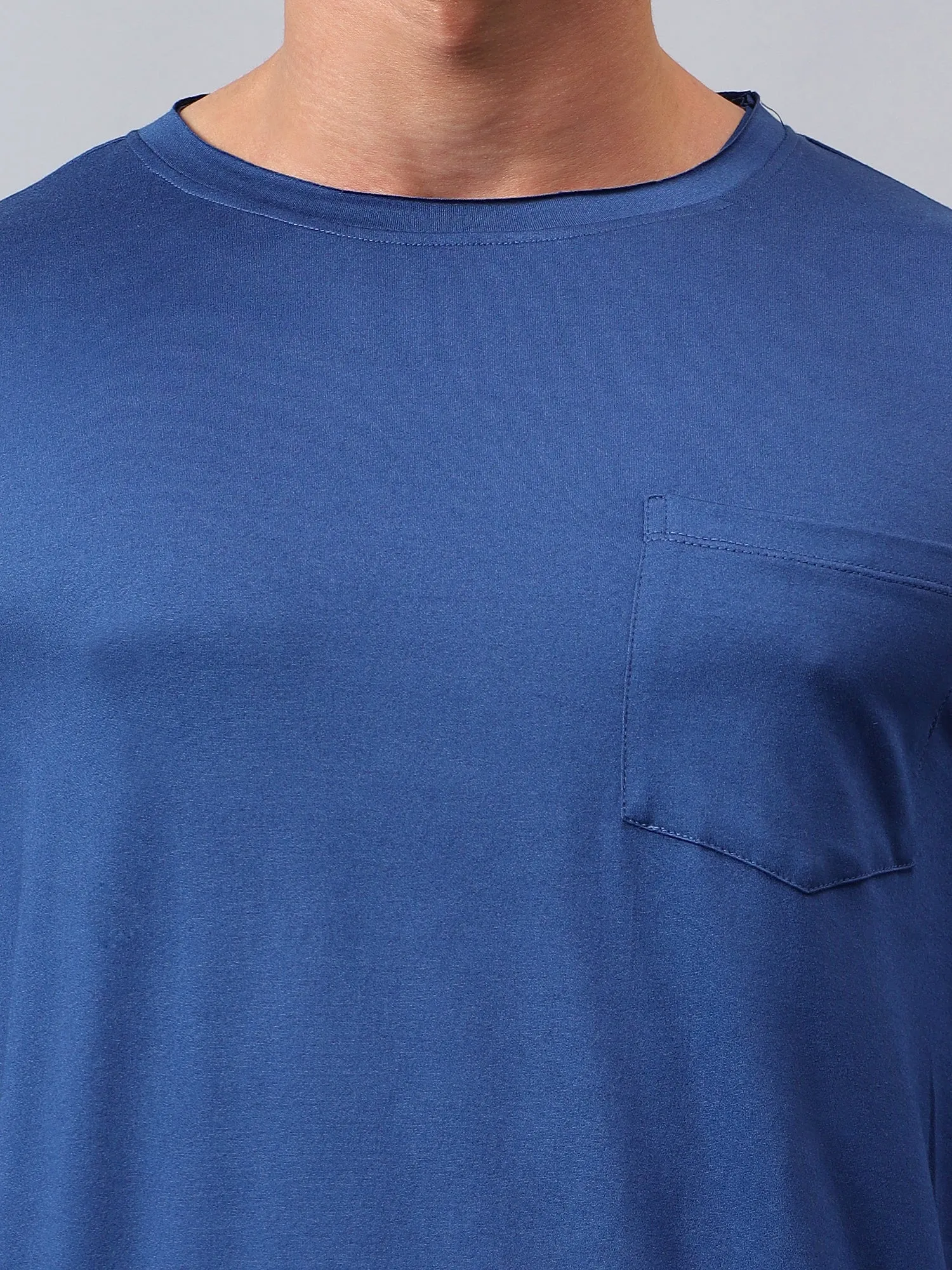 Fitkin men's blue raw edge neck style long sleeevs t-shirt