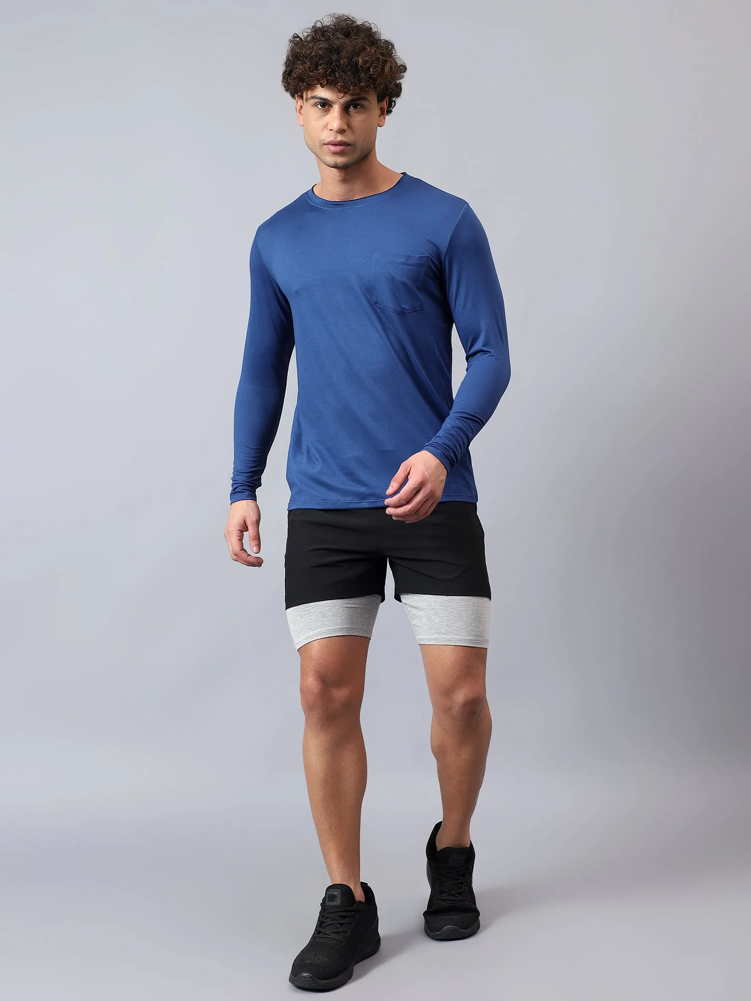 Fitkin men's blue raw edge neck style long sleeevs t-shirt