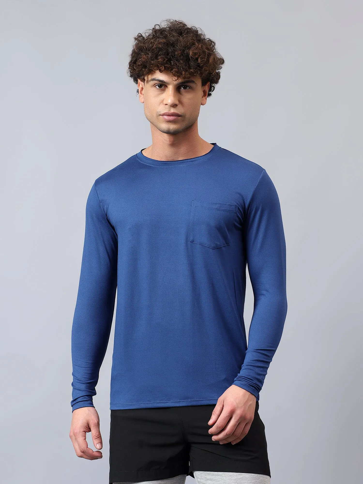 Fitkin men's blue raw edge neck style long sleeevs t-shirt