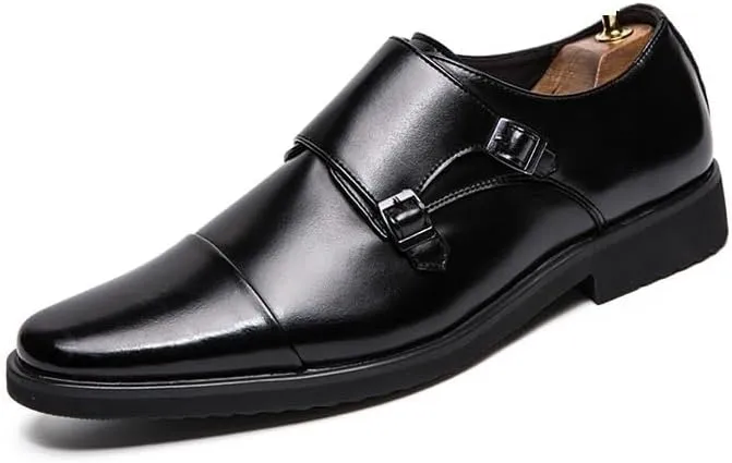 Formal Shoes Dress Oxford for Men Slip On Round Burnished Toe Double Monk Strap Cap Toe Oxford Shoes Non Slip Block Heel Low Top Slip Resistant(Black,11.5)