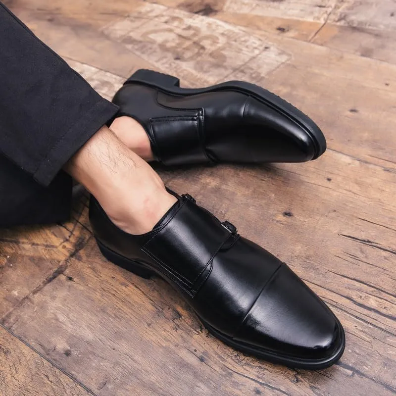 Formal Shoes Dress Oxford for Men Slip On Round Burnished Toe Double Monk Strap Cap Toe Oxford Shoes Non Slip Block Heel Low Top Slip Resistant(Black,11.5)