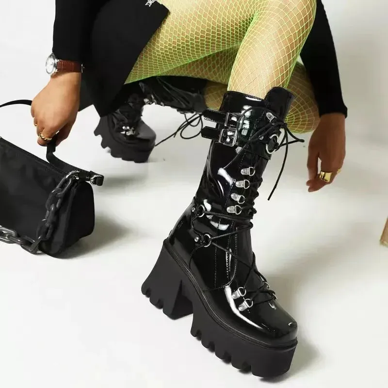 Funki Buys | Boots | Women's Mid-Calf Platform Buckle Boots