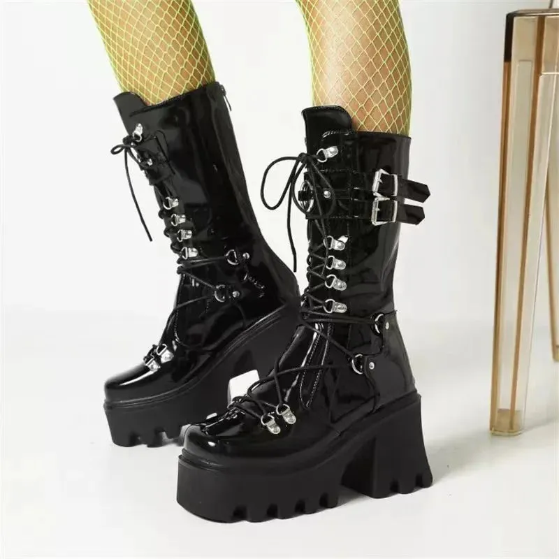 Funki Buys | Boots | Women's Mid-Calf Platform Buckle Boots