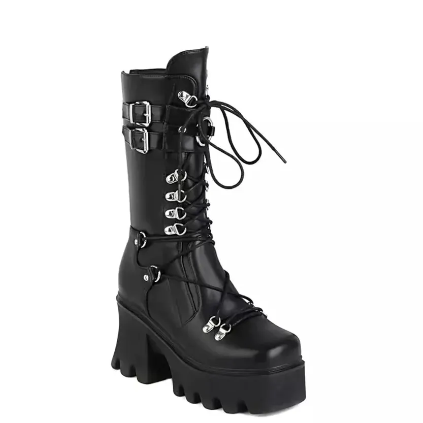 Funki Buys | Boots | Women's Mid-Calf Platform Buckle Boots