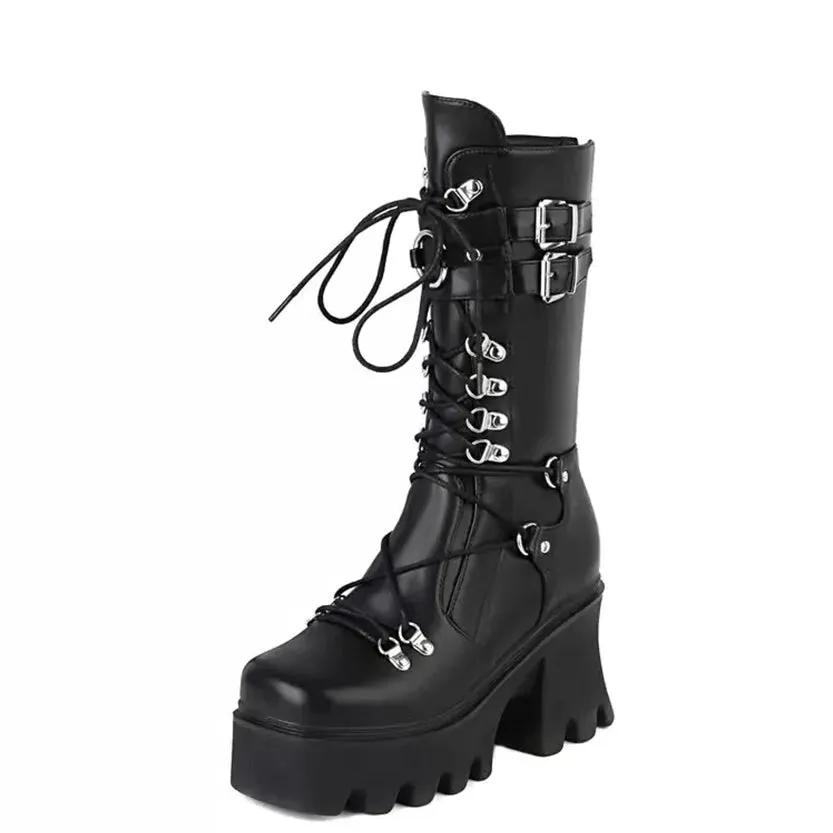 Funki Buys | Boots | Women's Mid-Calf Platform Buckle Boots