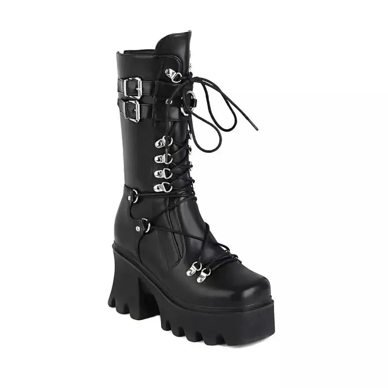 Funki Buys | Boots | Women's Mid-Calf Platform Buckle Boots