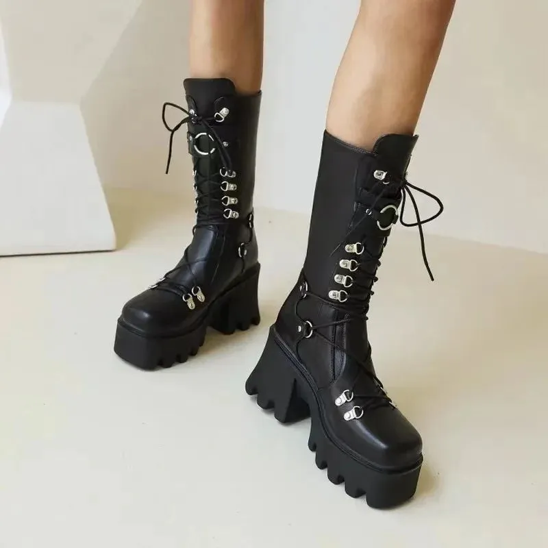 Funki Buys | Boots | Women's Mid-Calf Platform Buckle Boots