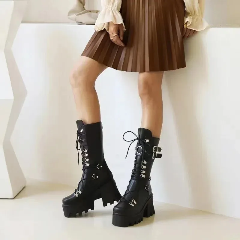 Funki Buys | Boots | Women's Mid-Calf Platform Buckle Boots