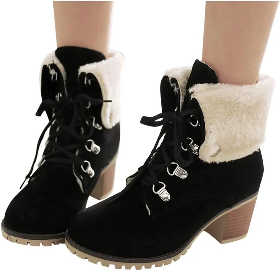 Gibobby Ankle Booties for Women Flat Heel,Winter Snow Boots Waterproof Shoes Lace Up Booties Low Heel Work Combat Boots