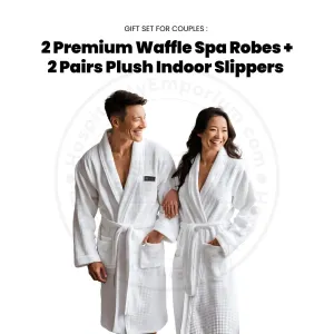 GIFT SET FOR COUPLES 2 Premium Waffle Shawl Collar Spa Robes White Size: M- L/XL   2 Pairs Plush Indoor Slippers Unisex 1/Pack