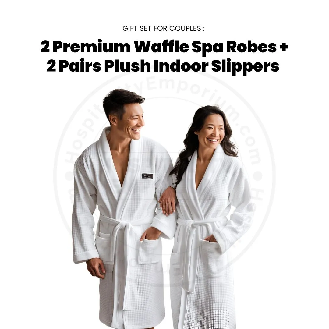 GIFT SET FOR COUPLES 2 Premium Waffle Shawl Collar Spa Robes White Size: M- L/XL   2 Pairs Plush Indoor Slippers Unisex 1/Pack