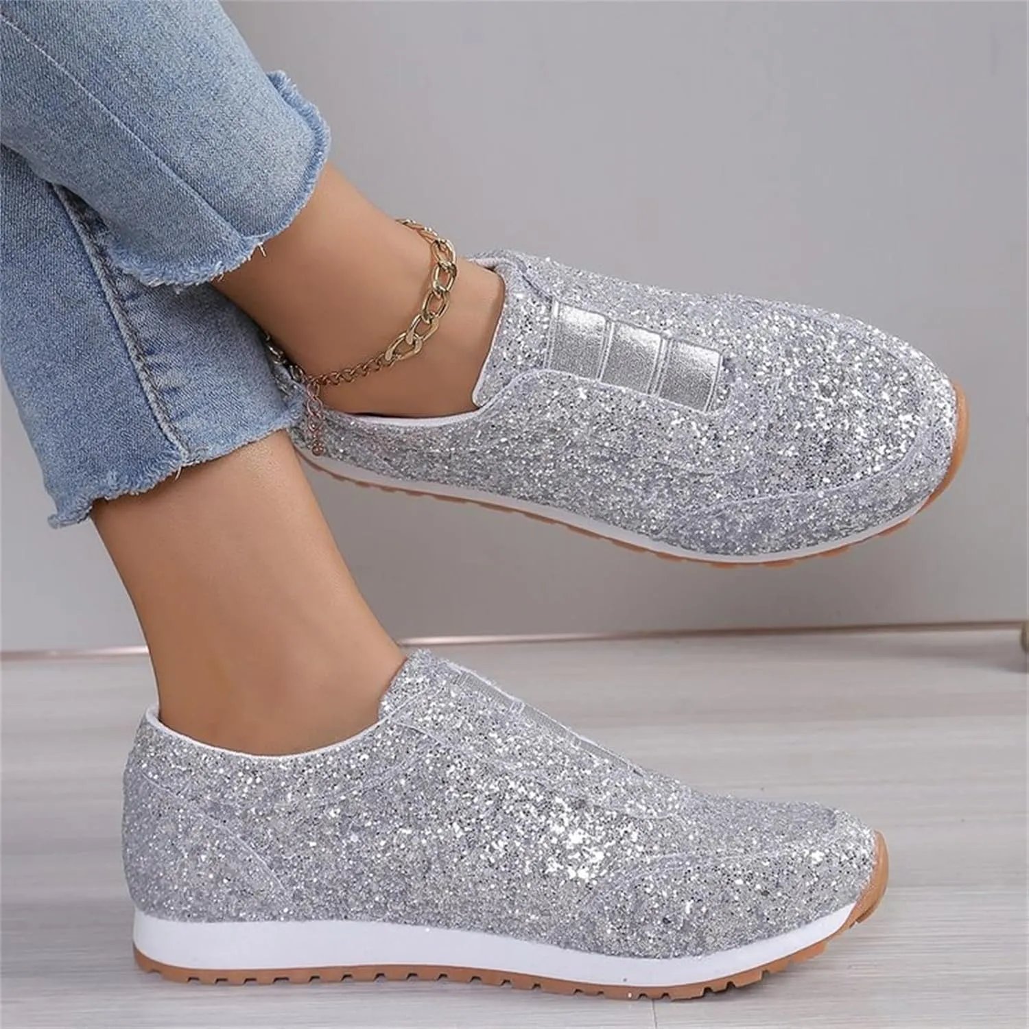 Glitter Womens Running Shoes Fashion Breathable Lace up Casual Summer Comfortable Outdoor Flat Bottom Walking Running Sneakers for Ladies