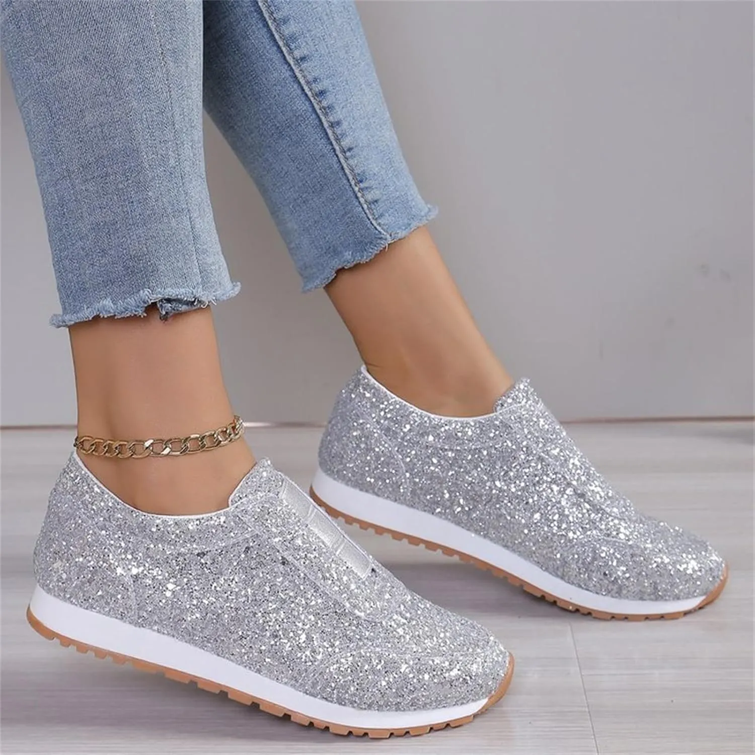 Glitter Womens Running Shoes Fashion Breathable Lace up Casual Summer Comfortable Outdoor Flat Bottom Walking Running Sneakers for Ladies