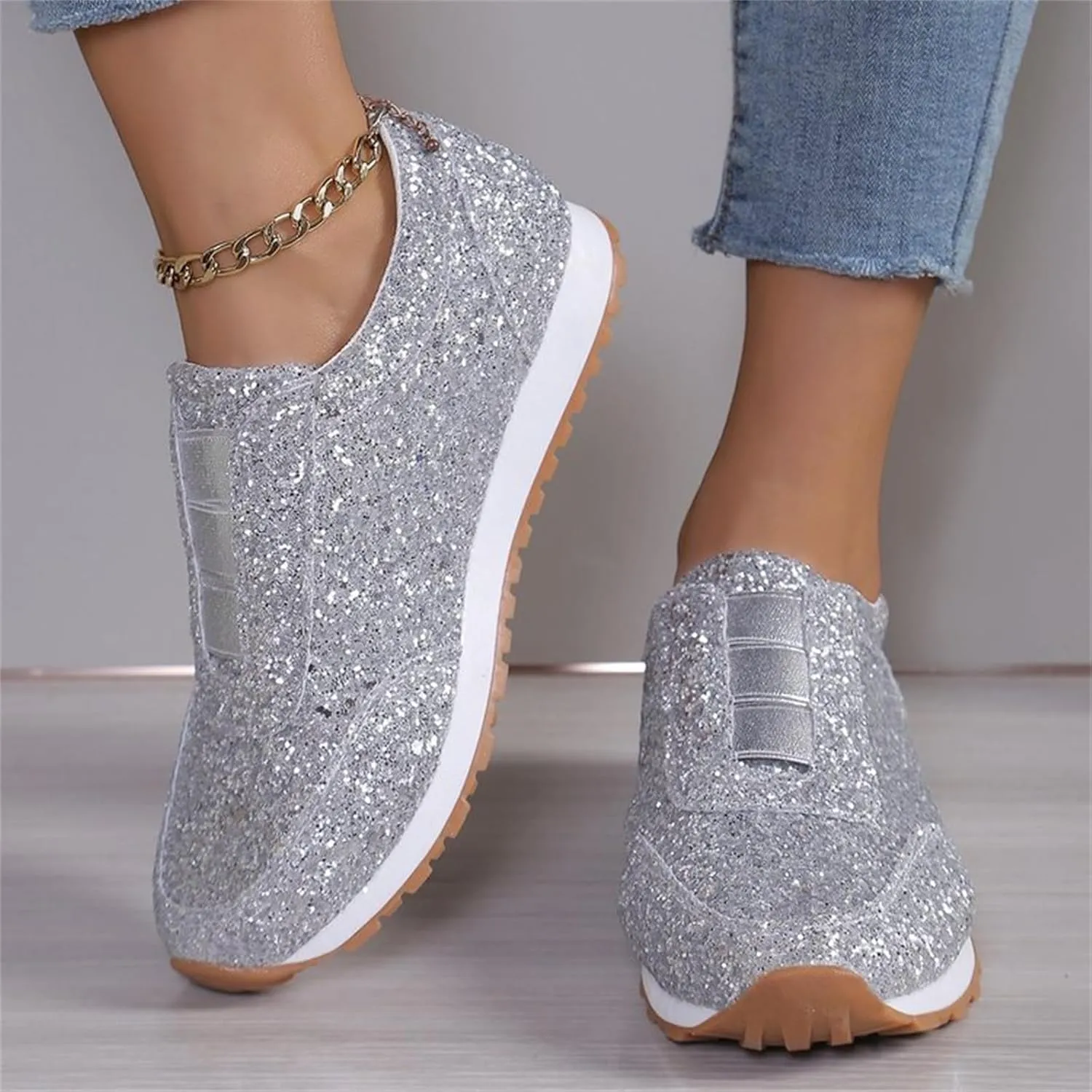Glitter Womens Running Shoes Fashion Breathable Lace up Casual Summer Comfortable Outdoor Flat Bottom Walking Running Sneakers for Ladies