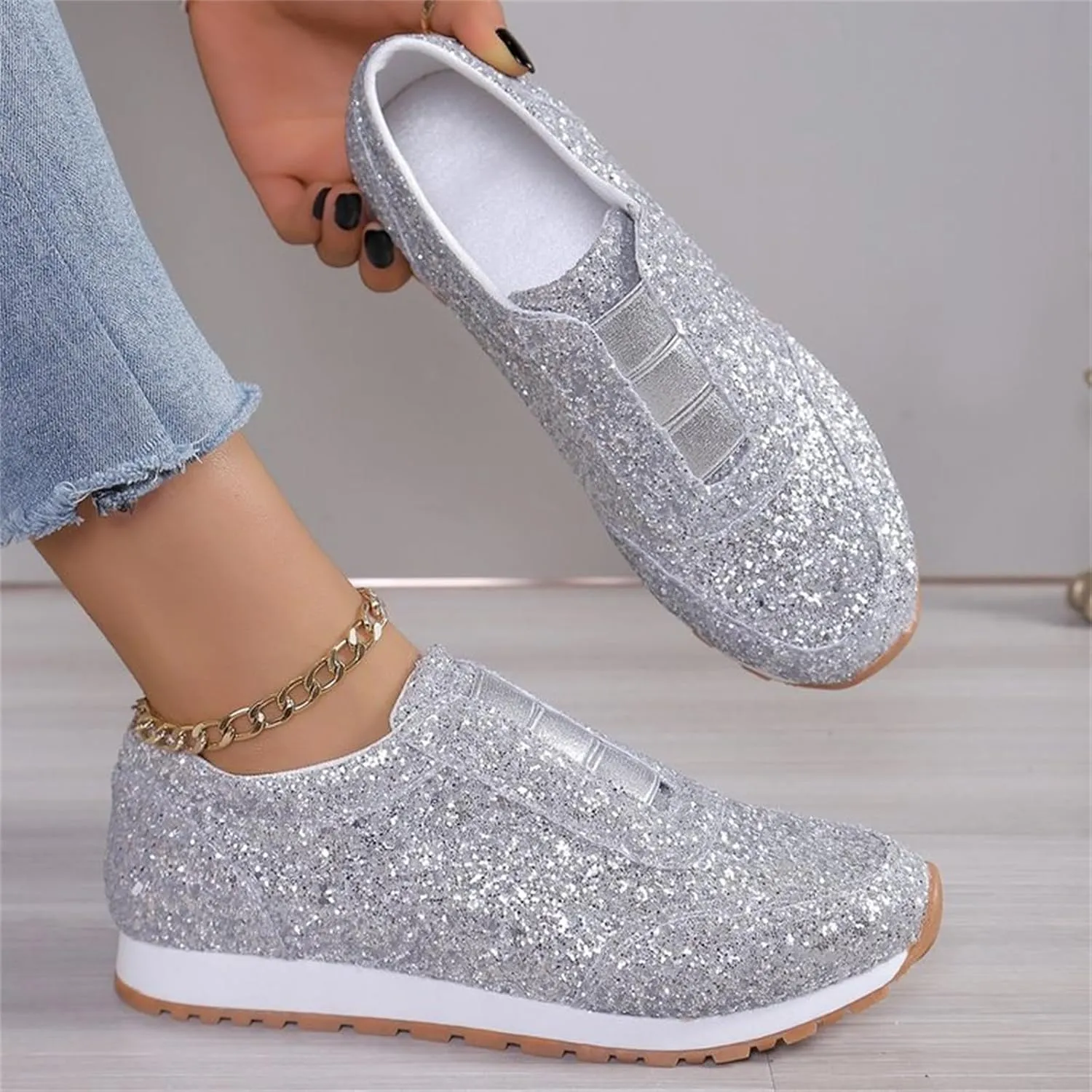 Glitter Womens Running Shoes Fashion Breathable Lace up Casual Summer Comfortable Outdoor Flat Bottom Walking Running Sneakers for Ladies