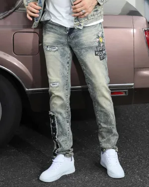 Graffiti Dark Washed Straight Leg Blue Ripped Jeans