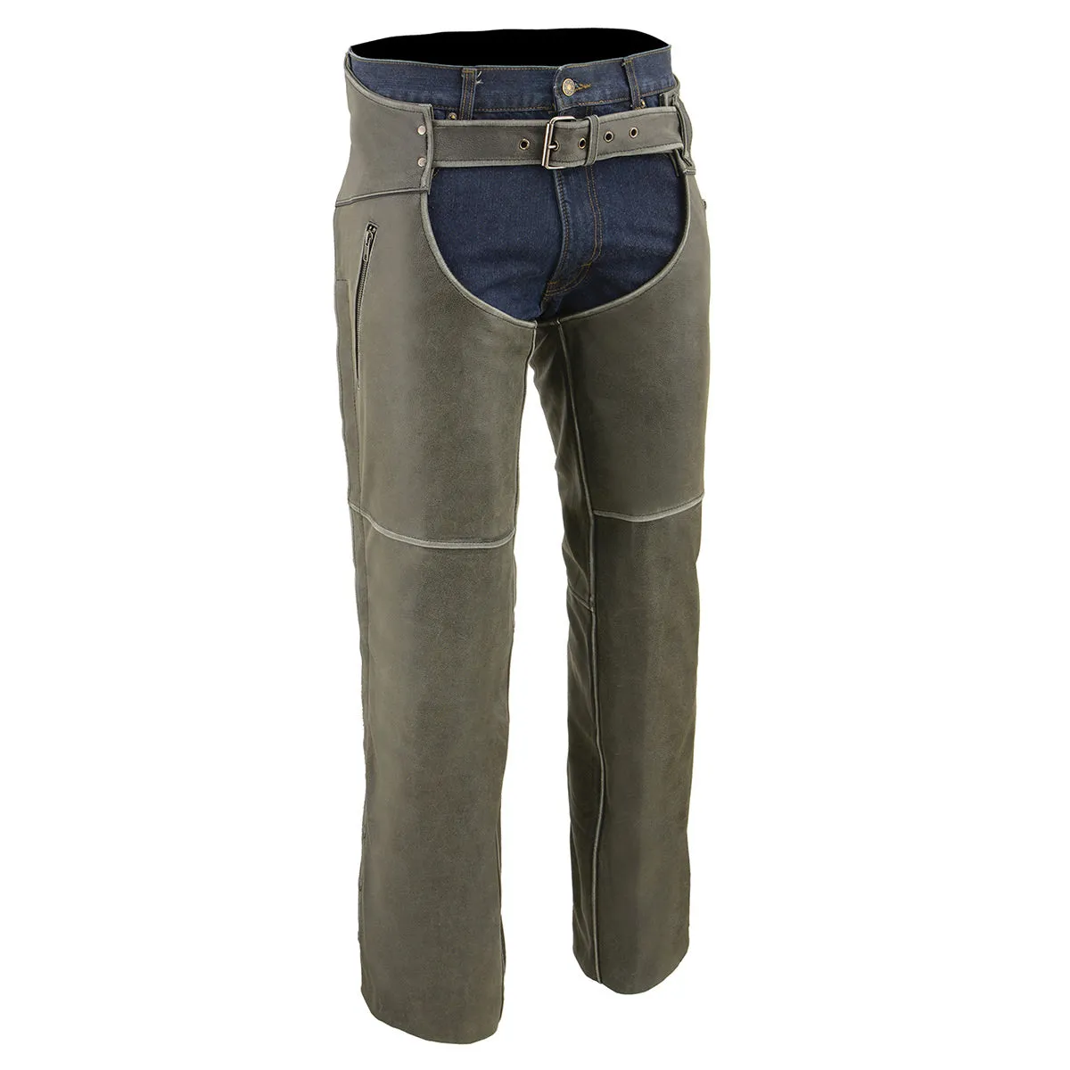 GREY MLM5536 Chap Vintage Grey Slate Leather - Deep Zipped Thigh Pockets Motorcycle Chap