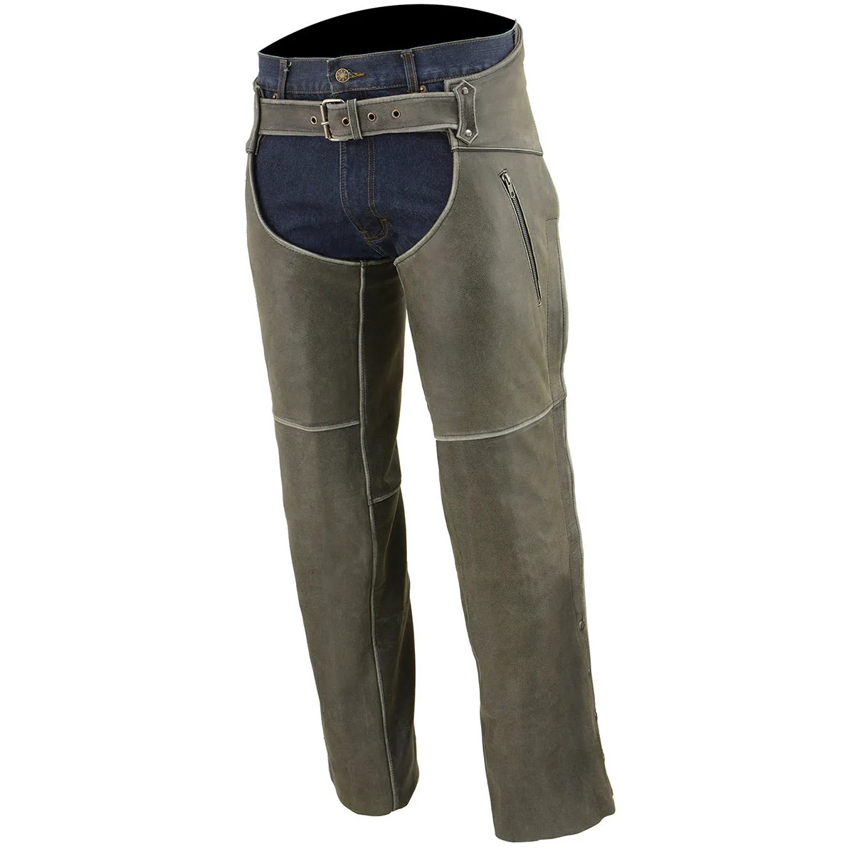 GREY MLM5536 Chap Vintage Grey Slate Leather - Deep Zipped Thigh Pockets Motorcycle Chap