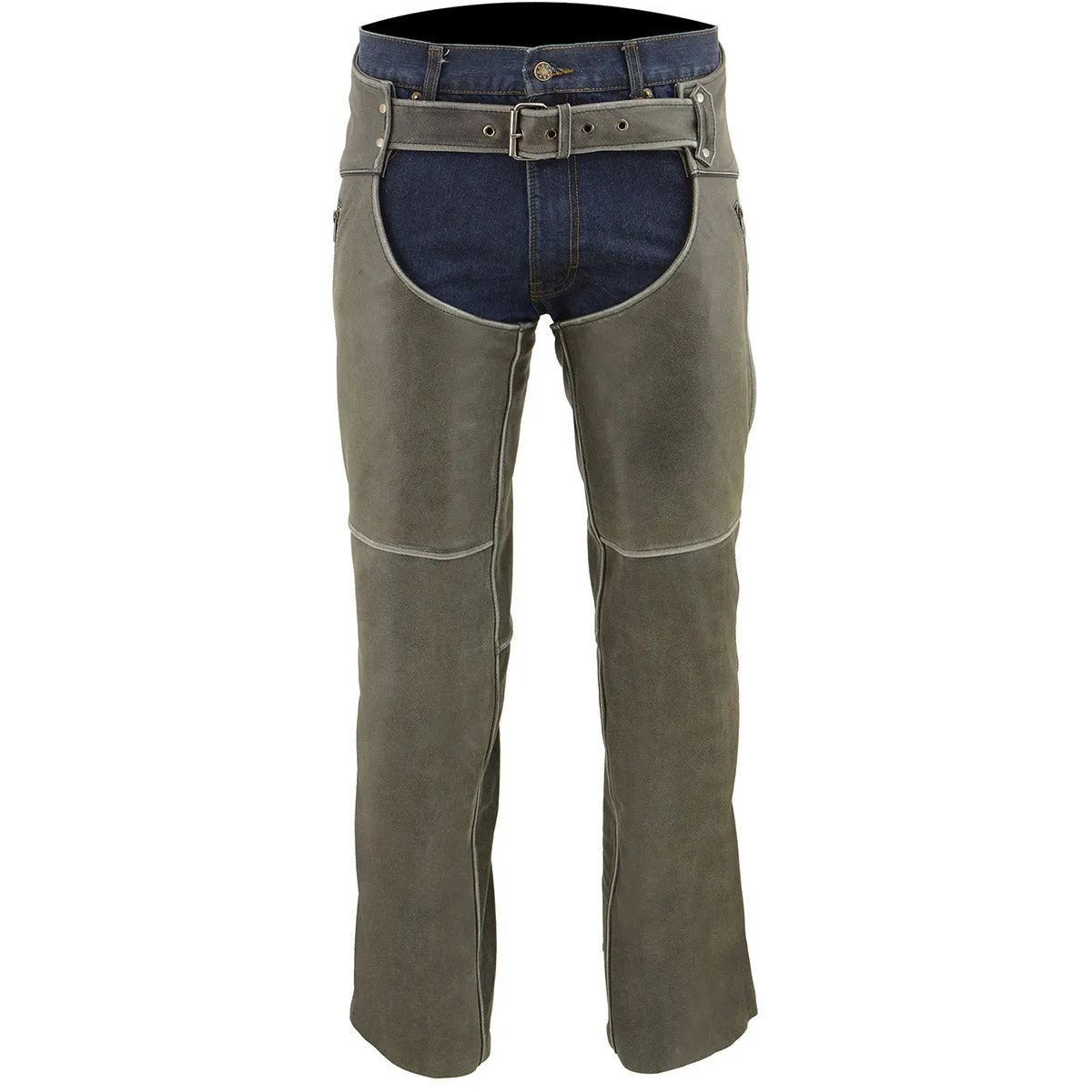 GREY MLM5536 Chap Vintage Grey Slate Leather - Deep Zipped Thigh Pockets Motorcycle Chap