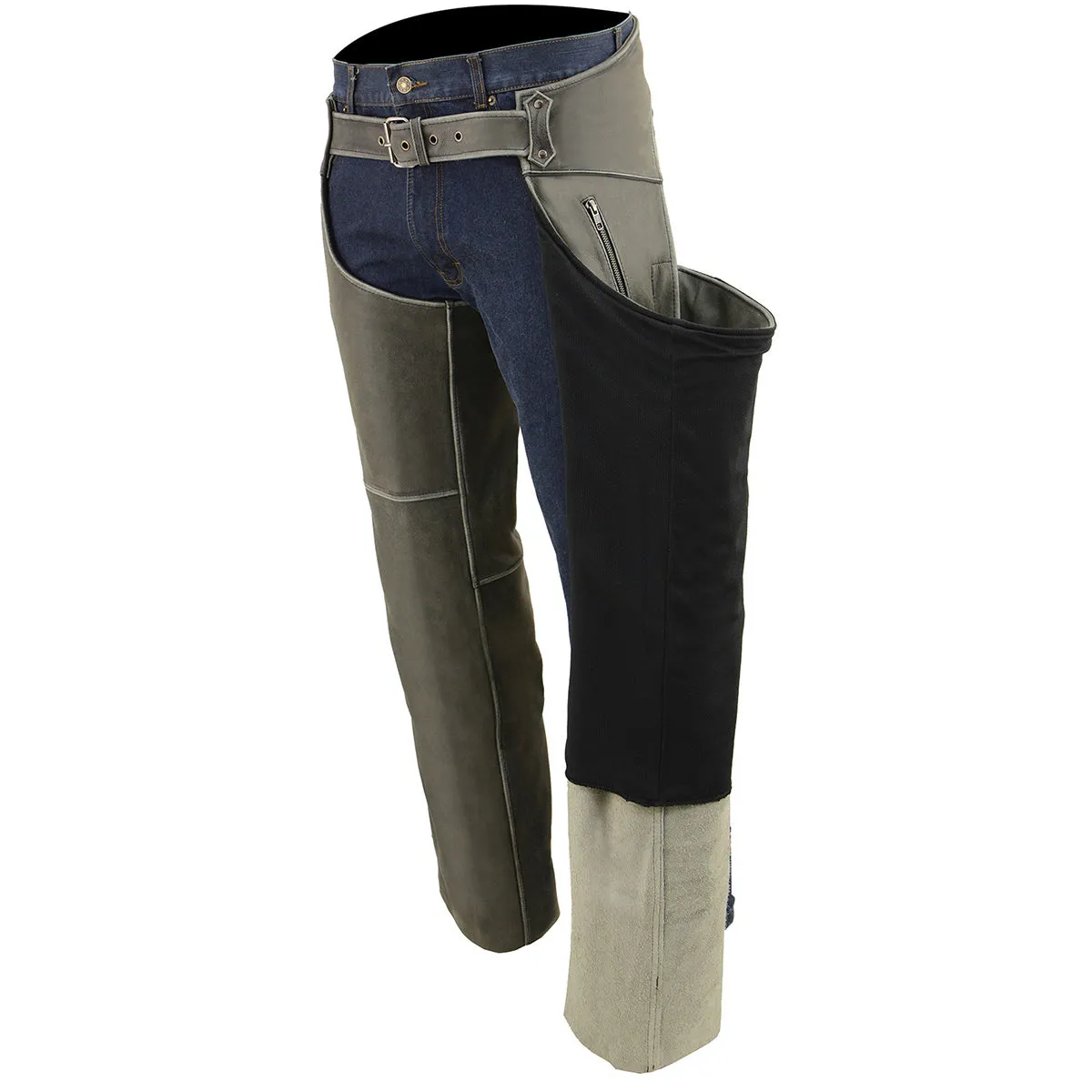 GREY MLM5536 Chap Vintage Grey Slate Leather - Deep Zipped Thigh Pockets Motorcycle Chap