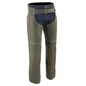 GREY MLM5536 Chap Vintage Grey Slate Leather - Deep Zipped Thigh Pockets Motorcycle Chap