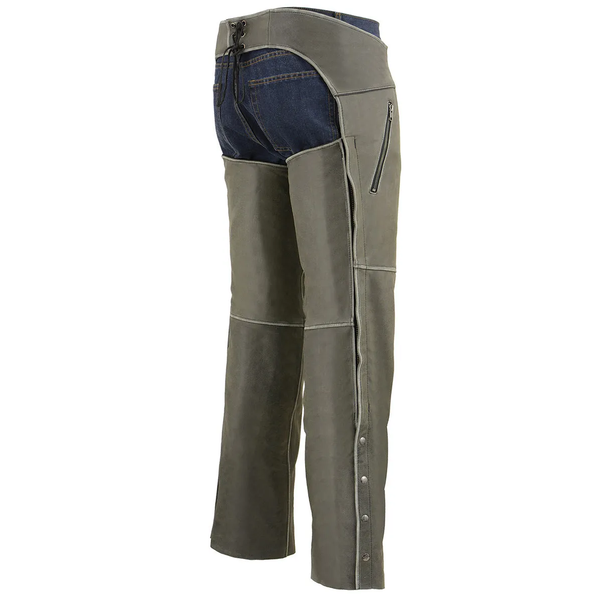 GREY MLM5536 Chap Vintage Grey Slate Leather - Deep Zipped Thigh Pockets Motorcycle Chap