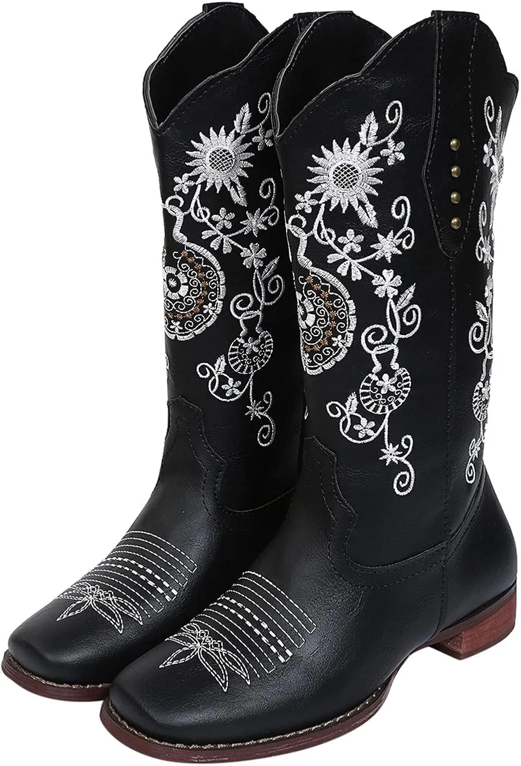 GUNIYIFS Womens Cowboy Boots Wide Calf Comfy Western Cowgirl Boots Knight Square Toe Boots Low Heel Embroidered Riding Boots