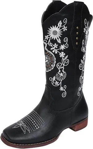 GUNIYIFS Womens Cowboy Boots Wide Calf Comfy Western Cowgirl Boots Knight Square Toe Boots Low Heel Embroidered Riding Boots