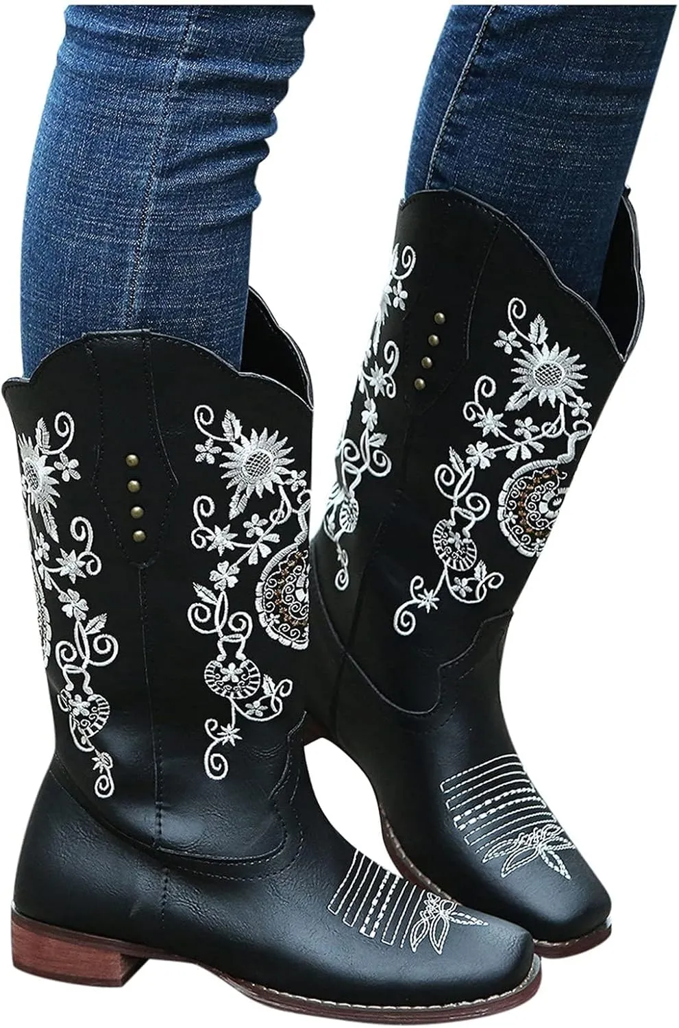 GUNIYIFS Womens Cowboy Boots Wide Calf Comfy Western Cowgirl Boots Knight Square Toe Boots Low Heel Embroidered Riding Boots