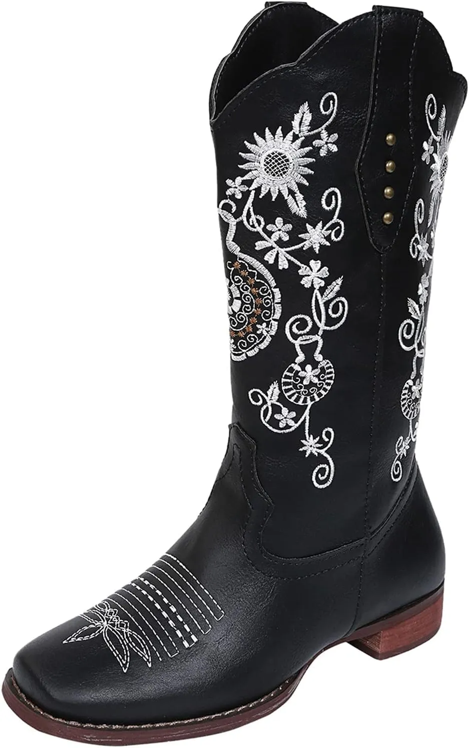 GUNIYIFS Womens Cowboy Boots Wide Calf Comfy Western Cowgirl Boots Knight Square Toe Boots Low Heel Embroidered Riding Boots
