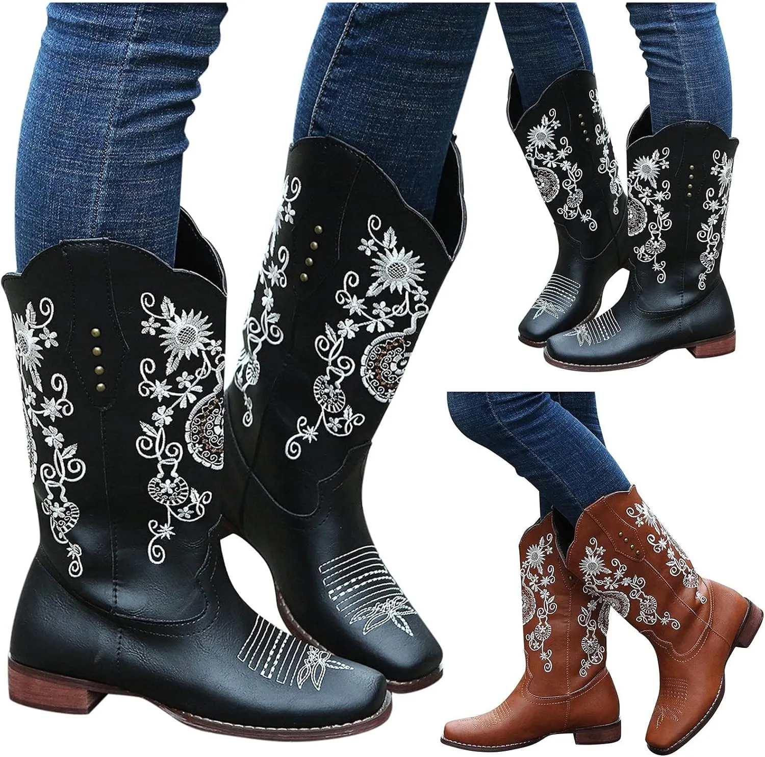 GUNIYIFS Womens Cowboy Boots Wide Calf Comfy Western Cowgirl Boots Knight Square Toe Boots Low Heel Embroidered Riding Boots