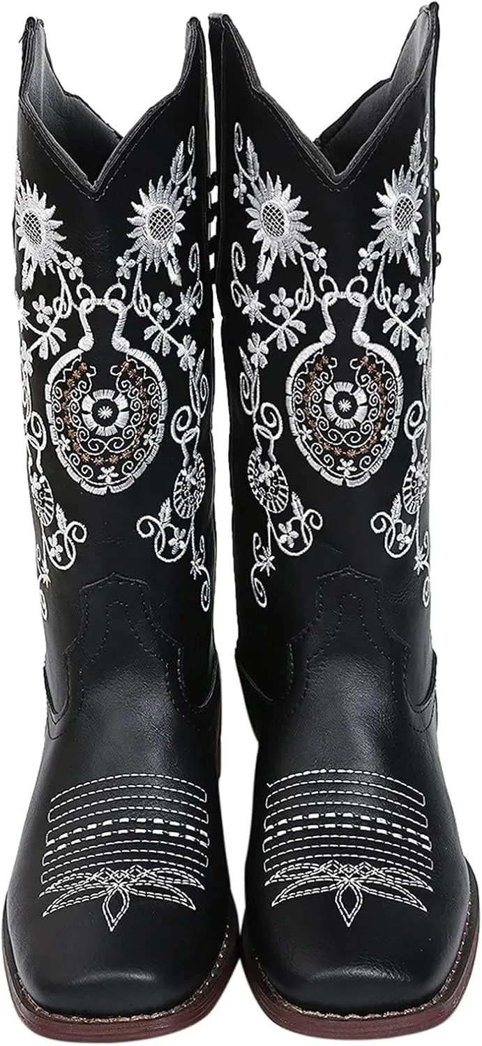 GUNIYIFS Womens Cowboy Boots Wide Calf Comfy Western Cowgirl Boots Knight Square Toe Boots Low Heel Embroidered Riding Boots