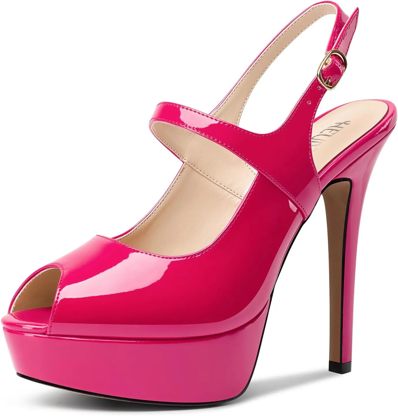 HEUIVZAR Womens Platform Stiletto High Heel Peep Toe Slingback Sandals Ankle Strap Patent Leather Prom Buckle Dress Shoes 5.1 Inches Heels