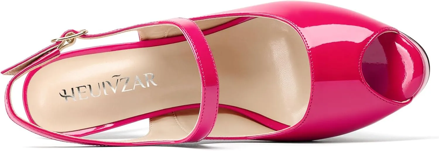 HEUIVZAR Womens Platform Stiletto High Heel Peep Toe Slingback Sandals Ankle Strap Patent Leather Prom Buckle Dress Shoes 5.1 Inches Heels